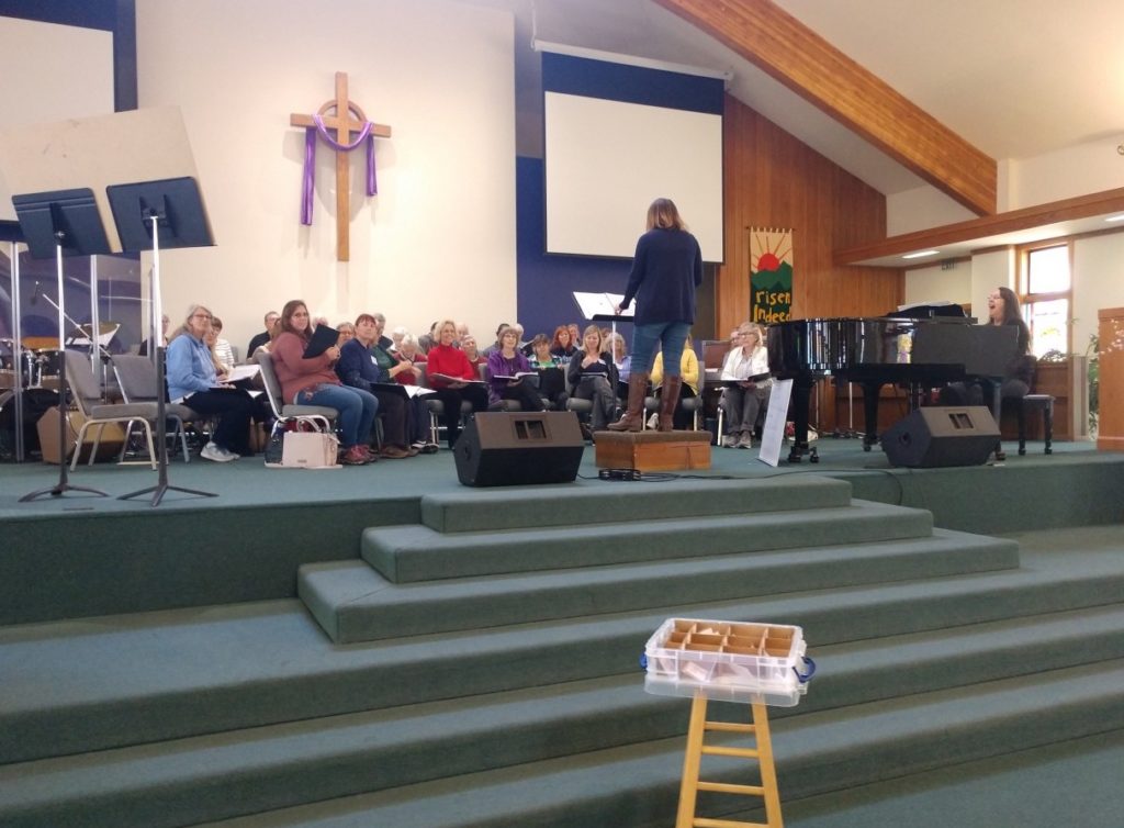 The San Benito Oriana Chorale practicing for two upcoming Bach to Rock concerts in May. Photo by Carmel de Bertaut.