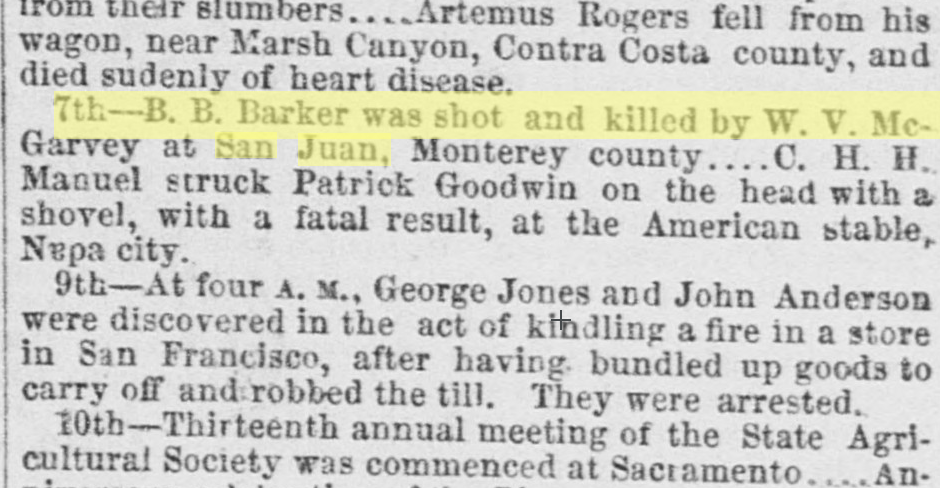 Notice of the shooting. Sacramento Daily Union 01/01/1867