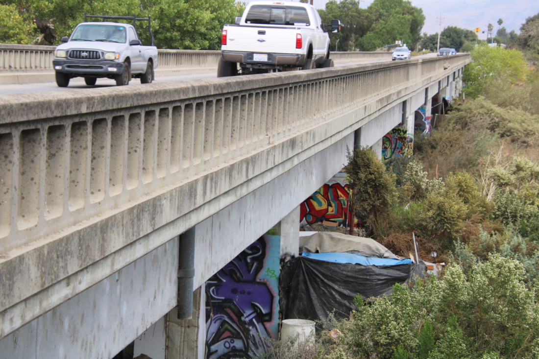 There are several homeless campsites in the San Benito River. Photo by John Chadwell.