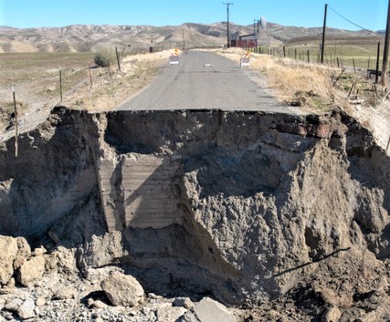 On her first attempt to get to New Idria, Hannah McKelson was stopped by a 50-foot break in New Idria Road, eight miles from her destination. Photo courtesy of Hannah McKelson.