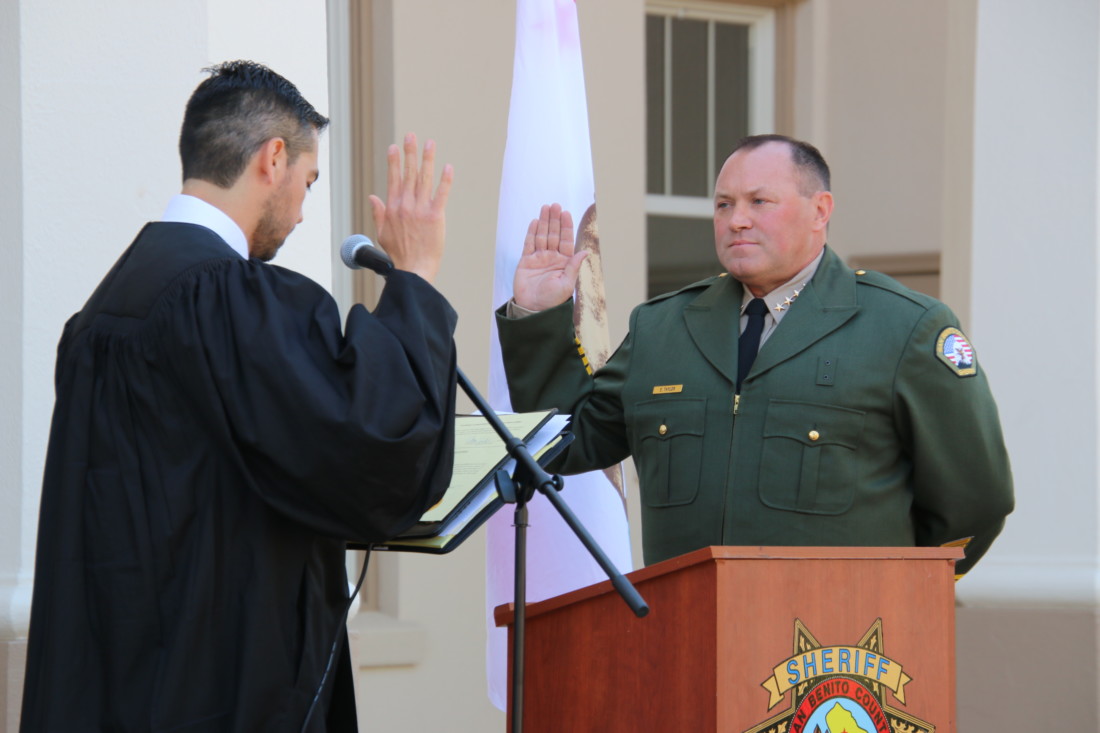 San Benito County Superior Court Judge Omar Rodriguez swears in Capt. Eric Taylor as the 16th Sheriff for the county on June 25, 2021. Photo by John Chadwell.