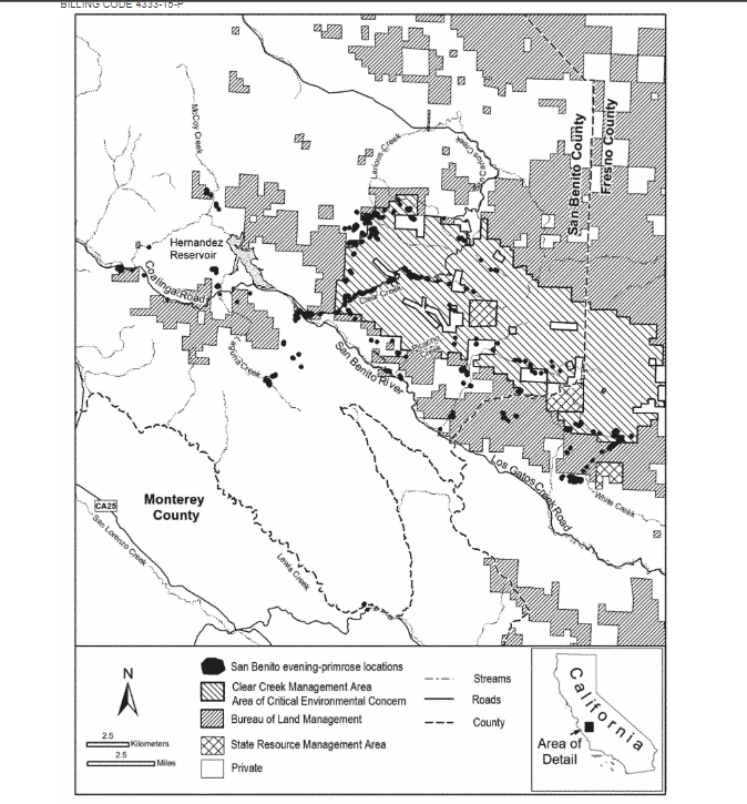 San Benito evening primrose range map. Courtesy of U.S, Fish and Wildlife Service.