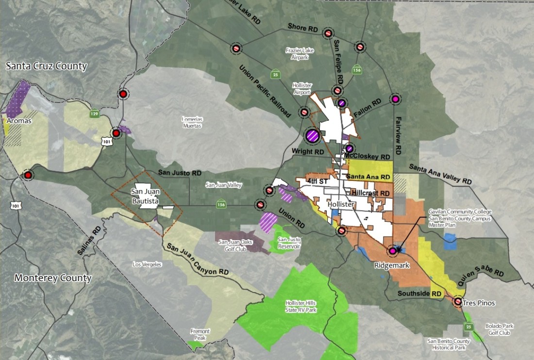 The 2035 General Plan shows commercial nodes spread around the county. The only node missing in the map Is the Livestock 101, located along Highway 101 north of the Rocks Ranch node.