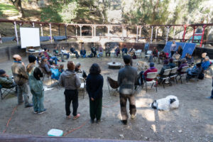 Gathering circle where Kanyon Sayers-Roods talked about TEK, the importance of ceremony lectures and demonstrations were presented. Photo by Kirti Bassendine.