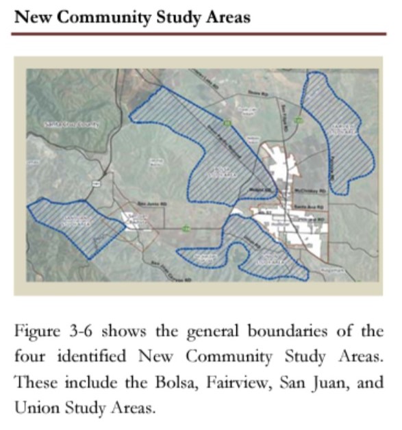 To codify supervisors' stand on housing Supervisor Bob Tiffany would have all four New Community Areas removed from the General Plan.  SBC map.