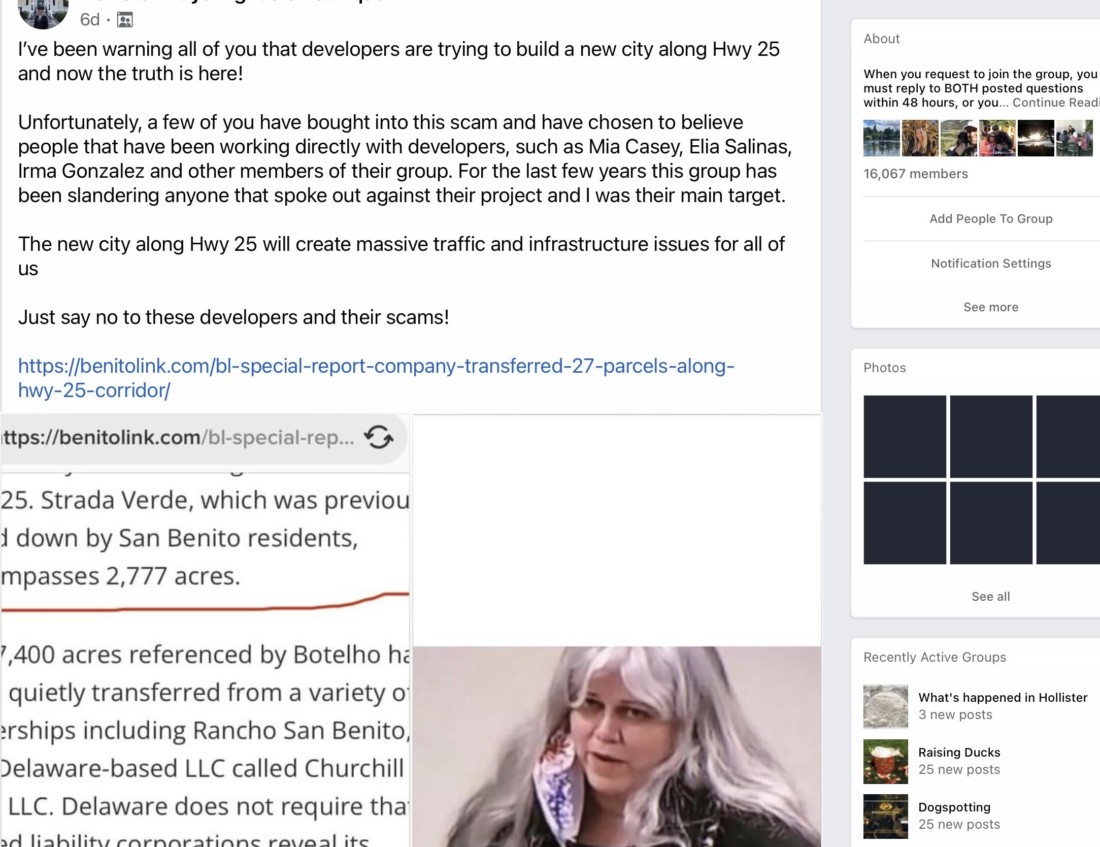 Mayor Ignacio Velazquez posted a section of a BenitoLink story in an attempt to prove that Strada Verde was about housing. He also linked without proof Mia Casey, his opponent for upcoming mayoral election, to developers. Image from Facebook.